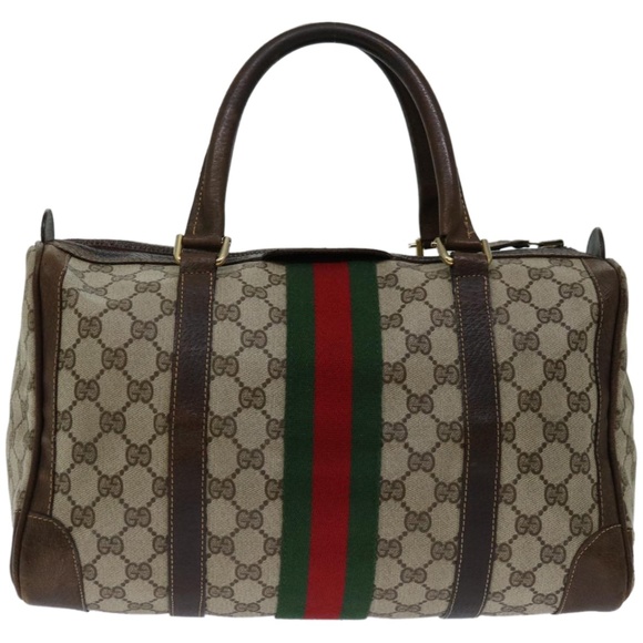 GUCCI GG Supreme Web Sherry Line Hand Bag PVC Beige Red Green Auth 67336 - Picture 3 of 16
